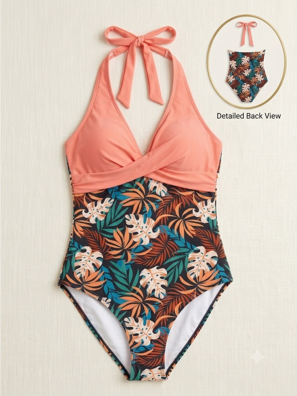 Tropical Halter One Piece Swimsuit Ruched Tummy Control Small